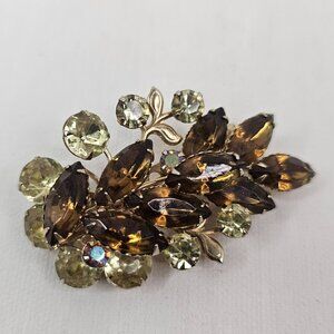 Gold Tone Floral Yellow Brown Glass Rhinestone Brooch Marquise Unmarked Pin